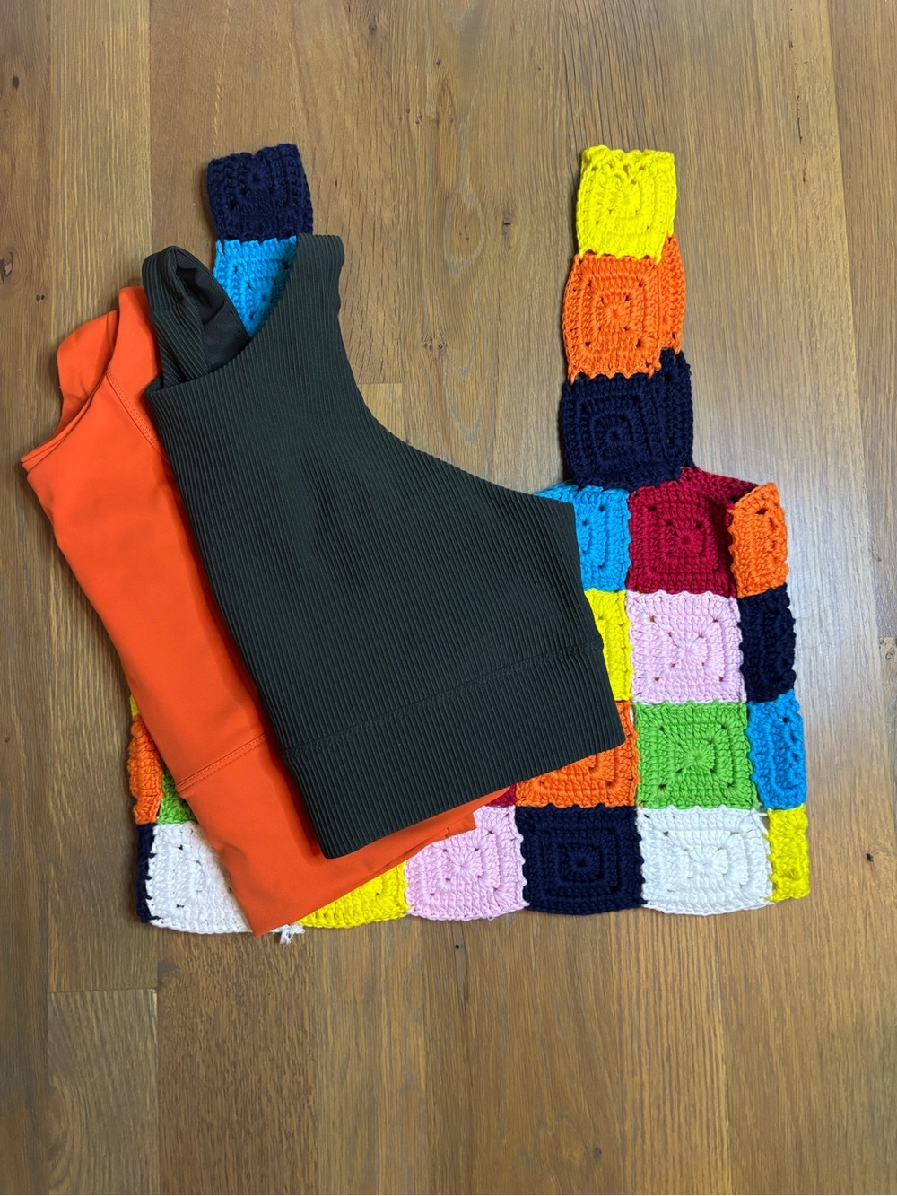English Factory Olive Ribbed One-Shoulder Top with Multi-Color Crochet Accent